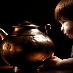 The reflection of a child on the surface of an old copper teapot