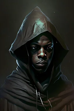 black young bald wizard man with hood on