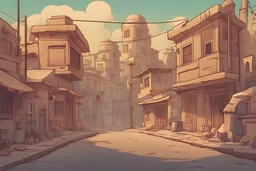Create an indian town street background for a cartoon - ghibili studio style , cool-toned image