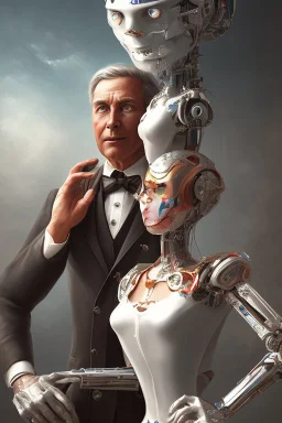 american dream painint man holding a robot girl