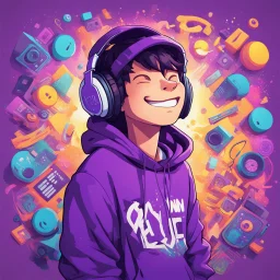 masterpiece, intricate details, a wide angle 2D anime bold line flat color illustration of a cheerful boy in a high purple hoodie and headphones in hip hop style, dopamine style, overlaying mixed patterns of pop art text and emoji device installations, sharp focus, charming character illustration, beautiful vibrant kuler palette gradient