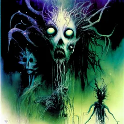 Nightmare Spirits of the Mari Lywd, Lovecraftian otherworldly nightmare effigies, by Stephen Gammell, colorful horror poster art,