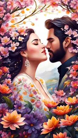 a couple surrounded by blossoming flowers, symbolizing the growth and beauty of their love. Pay attention to the details of the flowers and the emotions conveyed by the couple