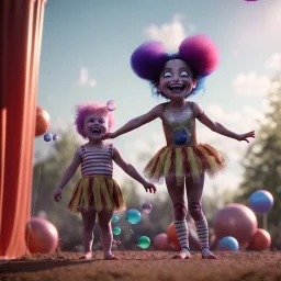 Ultra realistic circus scene. Sweet hair monster and Child’s playing, smile, happy, color bubbles, smooth color, waist up view, Wes Anderson style, dark ambient, highly detailed, concept art, unreal engine 5, god rays, ray tracing, RTX, lumen lighting, ultra detail, volumetric lighting, 3d, finely drawn, high definition, high resolution.