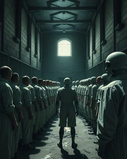 Bosch painting style, nightmare , a prisoners lined up in line in a circle after another inside a prison yard , an Ai robot is watching them , great quality picture with cinematic scenes ,