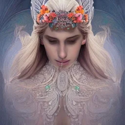 portrait,"Insanely detailed photograph of a beautiful nordic vestal Goddess,gorgeous clean face,intricate mask, highly intricate dress,intricately designed colorful flowers in hair,elegant, highly detailed hair, digital painting, artstation, concept art, smooth, sharp focus, illustration, art by artgerm and greg rutkowski and alphonse mucha, 8 k,looking downward,album cover art,fantasy