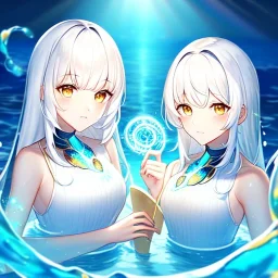 8k, Girl, high quality, detailed, white hair, golden eyes, beautiful lighting, vibrant colors, twins, water magic