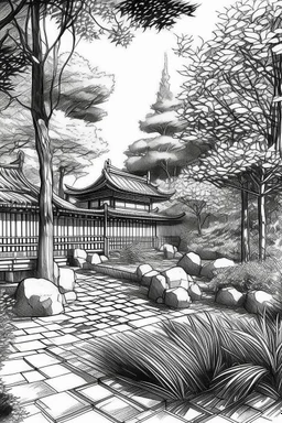 Tokyo garden in autumn abstract pencil black and white STYLE OF HIROKU OGAI