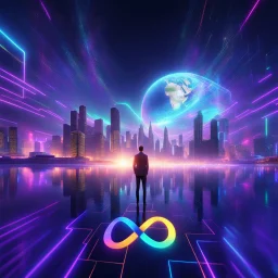 3D infinity symbol ∞, infinity figure-of-eight symbol is totally-symmetrical and brightly coloured, man silhouette facing epic scene of building, glowing earth, water, network and lights, exotic, inspiring, fantasy, neon, friendly, beautiful, octane render, 8k post-production, artstation: award-winning: atmospheric: commanding: fantastical: clarity: 16k: ultra quality: striking: brilliance: liquid medium: stunning colors: amazing depth; lens: f/8, 28mm