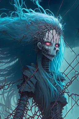 female lich with barbed wire as hair, anime style, depth of field, nvidia graphics, lightrays, trending art, movie poster