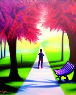 park mystical dream, park bench, man, woman, child, dog, trees, path, bird, jogger, sunshine, mystical, fantasy, romanticism, beautiful colors, daylight, daytime, acrylic painting, detailed,