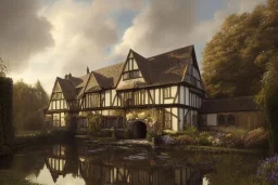 portrait of a tudor manor house on a street, fishpond architecture, highly detailed, blue sky, cinematic lighting, digital art painting by greg rutkowski