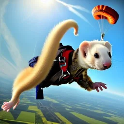 ferret wearing jumpsuit and parachute, skydiving, sunlit sky, intricate, ultra-fine detailed, 8k, detailed matte, high-quality, 3d, realistic, midjourney style, George Grie, Anne Dittman, Anne Stokes, Lisa Parker, Selina French