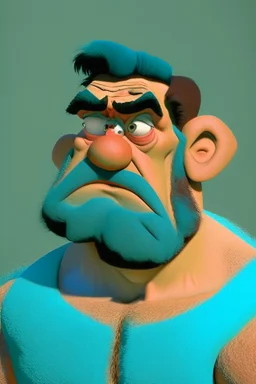 4K Ultra-HD, Hyper realistic, in the style of Caravaggio - Fred Flintstone, handsome, fair skin, tan beard stubbles, black hair, thick black eyebrows and a large nose. broad shoulders and massive arms, He wears a raggedy, deep sky blue or an aqua teal-green necktie, and a short-sleeved orange and black-spotted loincloth with a torn hemline. -- cinema lighting,