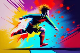 Oil painting, full body of a soccer player, he is kicking the ball, the ball is flying, bright but not neon colours, dynamic lines, dynamic blobs, spots, lines in the background of the character, splash like a colour explosion