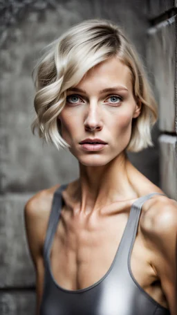 beautiful anorexic woman, total shot, short grey metallic triathlon swimsuit, short blond wavy bob hair, blurred concrete background