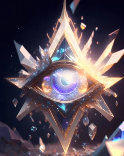 A Sagittarius sign made of crystal with low poly eye's surrounded by glowing aura, splashing highly detailed intricated concept art trending artstation 8k