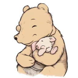 simple line drawing of Winnie the pooh cuddling piglet. White background.