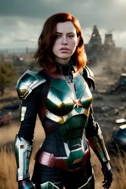 ultrarealistic, ruined city,__skimpy sci-fi armor__, __angles__, 18 year old woman, strikingly beautiful,ginger hair, _colour_, [__starlets__|__starlets__], (pale __skincolor__ skin:1.2), __camera__, _hair_, detailed face and eyes, medium breasts, leather choker, freckles, dynamic pose, resolved expression, __accessory__, strappy outfit, (straps:1.1), sword in scabard on left hip, (buckles, buttons, snaps, rings:1.0), haltertop style breastplate, detailed eyes, plump lips, sci-fi theme