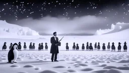 A penguin orchestra in tuxedos performing a symphony on a frosty Antarctic glacier, with a solo violinist poised elegantly, playing amidst the icy backdrop under the enchanting glow of the Aurora Australis, captured in high-contrast black and white photography, evoking a timeless and majestic ambiance