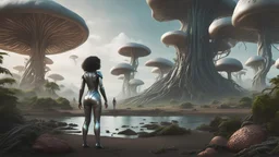 Wide-angle shot of a woman, standing on the right side of an alien beach, with dark hair in a silver robotic catsuit, lots of large floating mushrooms with long tentacles, alien jungle trees in the distance