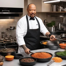 A bustling kitchen, filled with the clinking of pots and pans, the sizzle of ingredients hitting the hot pan, and the fragrant aromas wafting through the air. The Chef tattooed Ice-T from Law & Order: Special Victims Unit stands at the center of it all, a master of culinary creativity and precision. Ice-T's eyes light up with excitement as they reach for a vibrant, ripe meat. With a quick flick of the knife, Ice-T expertly shapes slices, each petal glistening with juice. Ice-T's creative instin