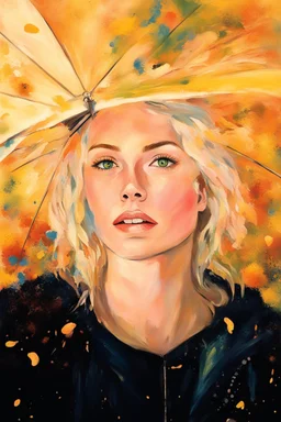 acrylic portrait of a woman, lush hair, rain, flowers, umbrella, autumn, paint blots, splashes, tears, plants, yellow, blue, green, orange colors