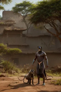 A photo taken from an african village "black panther", <character or scene>, kente, cinematic lighting --v 4 --q 2