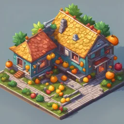 create a orange fruits into cartoonist house style model isometric view for mobile game bright colors