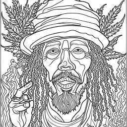 Coloring page for toodlers, with "rastaman smoking marijuana", very Bold outlines and white background, anime style, minimal number of elements, very simple, not very detailed