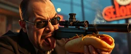 mean looking mafia thug eating a scoped hot dog