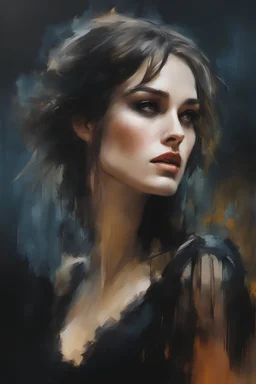Keira Knightley in a seductive Halloween witch costume under the moon :: dark mysterious esoteric atmosphere :: digital matt painting with rough paint strokes by Jeremy Mann + Carne Griffiths + Leonid Afremov, black canvas