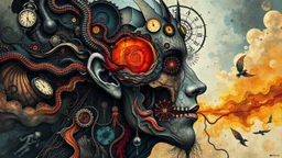 Create a detailed and intricate structure of surreal abstract creative art design using collage techniques inspired by Moebius art that reflects the dichotomy of materialism and idealism, sadism and masochism. Satanism elements in the form of the darkest thoughts colliding with strange color movements and deviant ideologies, His body is distorted by the passage of time. exaggerated features of all human elements, like the darkest dreams. anatomic Book style
