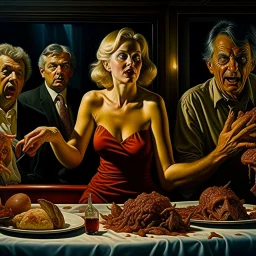 Spooky, ultra realistic, distress, full body nude, dining, ultra realistic hot woman, pieces of meat, creepy, organic ail dynamic, anguish, excited and lively scene, hypermaximalist figures, creepy, Alfred Hitchcock, Sam Raimi, sinister, John Carpenter, Dario Argento, ornate