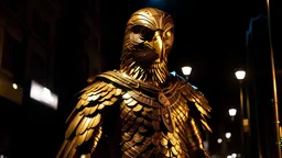 Imagine the image of the falcon-headed god Mentu, who has transformed into a living being walking at night through the streets of Cairo, staring at buildings and cars and marveling at this technology that man has achieved. The image is ominous, arousing fear and terror to everyone who looks at the falcon-headed god Mentu while he is wearing golden clothes decorated with bright and imaginative neon colors. The image has been done. Capture it from below, ten meters away from the god Mentu, who app