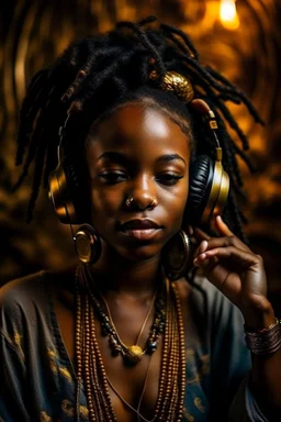 earthy black young woman listening to music with small old school headphones, soul, peace, majestic, earthy colours, at peace, happy, incense, jewels, bands, natural, old school headphones, blasian eyes, incense, very dark skin, crystals, gold arm bands, locs with beads, no hands