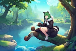 Girl, green hair, raccoon tail, raccoon paws in hand, raccoon paws in foot, forest, river, sit on tree, coat on neck, with tongue out, big tail, fur on hand, fur on feet