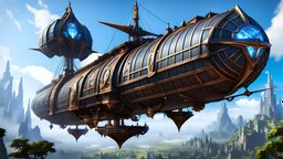 high fantasy skyship, flying galleon, smooth hull, critical role, tal'dorei, vox machina, blue crystal nacelles, high resolution cgi, 4k, unreal engine 6, high detail, cinematic, concept art, thematic background, center framed