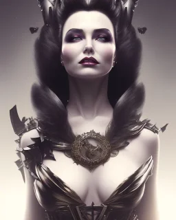 old evil queen in black leather gown, femme fatale, volouptous, busty, cleavage, angry, emperious, 8k resolution concept art portrait by Greg Rutkowski,