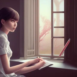 Anime, female student studying under window, studying lesson, perfect face, cool face, ultra detail, unreal engine 5, cinema4d, sun light, studio lighting --ar 1:1 --v 4