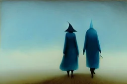 two people without gender seen from behind walking side by side in an empty foggy plain, above there is blue sky by artist "Leonora Carrington",by artist "Christian Schloe"