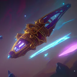 huge ornate spaceship made of brass flying through space, on fire