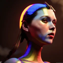 pretty british cyber woman, cold ambient, rain, fog, latex, cables, purpurin, black, gold, rings piercing, brown, decorative color feathers, circuits, neon style, a lot of led lights, fog, rain, vibrant color, highly detailed, art stations, concept art, smooth, unreal engine 5, god rays, ray tracing, RTX, lumen lighting, ultra detail, volumetric lighting, 3d, finely drawn, high definition, high resolution.