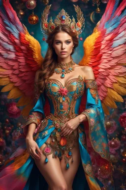 Gorgeous photography full body Beautiful super model Russian dressing Lady Angel colorful art conceptual, amazing artwork, hyper detailed, ultra maximalist quality, 12k , close-up portrait,crystal ornaments vbackground