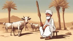 Old man, Arab, turban, white clothes, cattle, desert, council, sun, palm trees, mud houses, holding a stick, looking forward, a very slight smile.cartoon,Sitting on a chair,long beard,Mouth slightly open