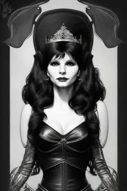 drawing of young victoria principal as evil queen in black leather, feminie, angry, stern look on her face, volouptous, busty, cleavage, emperious, mature, highly detailed, digital painting, artstation, concept art, smooth, sharp focus, illustration, art by gaston bussiere and alphonse mucha