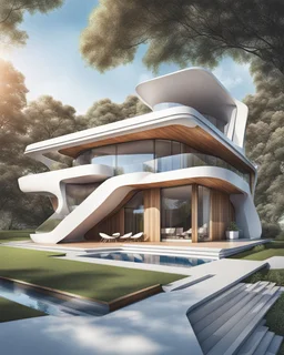 Casa campestre arquitectura Zaha Hadid Estilo de dibujo a lápiz de color, vista aérea, calidad ultra hiperdetallado, arte digital, 3D 8k, clima de verano