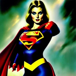 portrait oil on canvas, beautiful busty SuperGirl, green big eyes, ,minimal armor,comic book cover, mystical colors,insanely detailed,realistic,intrincate detail, 16k resolution, masterpiece,Frank Frazetta,Alex Horley, Simon Bisley