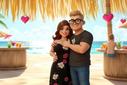 3D video game characters, a brown-haired blue-eyed plus sized woman in a black dress with white and pink flowers hugging friendly a short blonde haired man wearing eyeglasses, t-shirts and jeans at the beach in sunshine, tiki bar, cocktails, hearts, waterfall, happiness