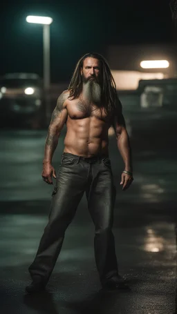 strong burly slim gipsy mechanic 44 years old, dreadlocks, wet, long black beard, manly chest, hairy, shirtless in bulging dirty white boxer, big shoulders, tattoo, big calves, barefeet, angry, photorealistic, side light, inside a dark parking lot at night, side neon light, photoRealistic, view from the ground